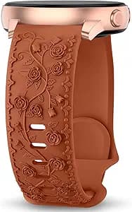 Floral Engraved Band Compatible with Samsung Galaxy Watch 7 6 5 4 Band 40mm 44mm, Galaxy Watch 5 Pro 45mm/Watch 6 4 42mm 46mm 43mm, Galaxy Active 2,20mm Soft Silicone Replacement Sport Strap for Women