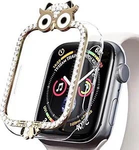 Compatible for Apple Watch Series 10 46MM Watch Case, Women Gils Glitter Diamond Rhinestone Bumper Protective Cover for iWatch Smartwatch Accessories Owl - Gold