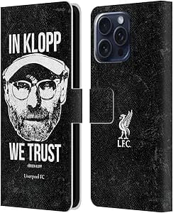 Head Case Designs Officially Licensed Liverpool Football Club Full Face Black Jurgen Klopp Illustrations Leather Wallet Case Compatible with Apple iPhone 16 Pro Max